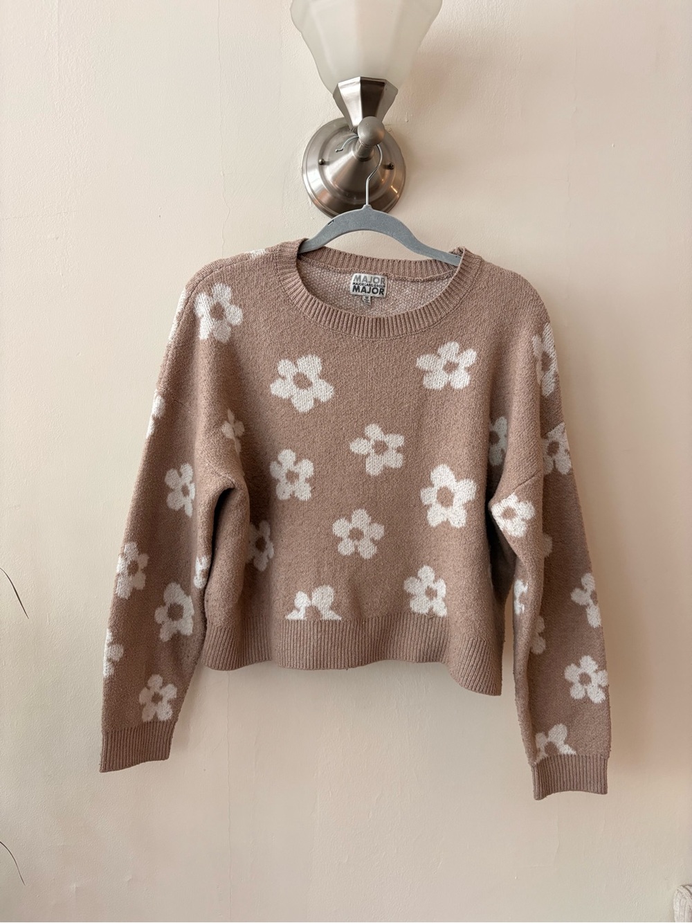 Taupe Beige Floral Crewneck Sweater with White Daisy Flowers